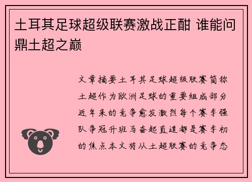土耳其足球超级联赛激战正酣 谁能问鼎土超之巅