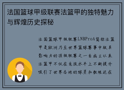 法国篮球甲级联赛法篮甲的独特魅力与辉煌历史探秘